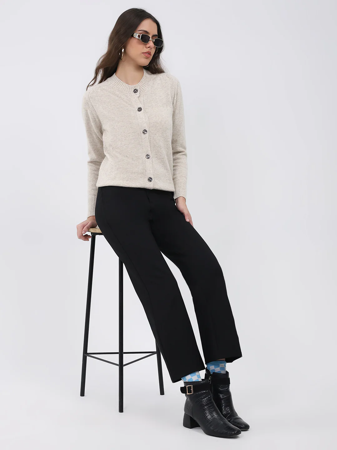 Women Cream Solid Round Neck Full Sleeve Cardigan - Image 2