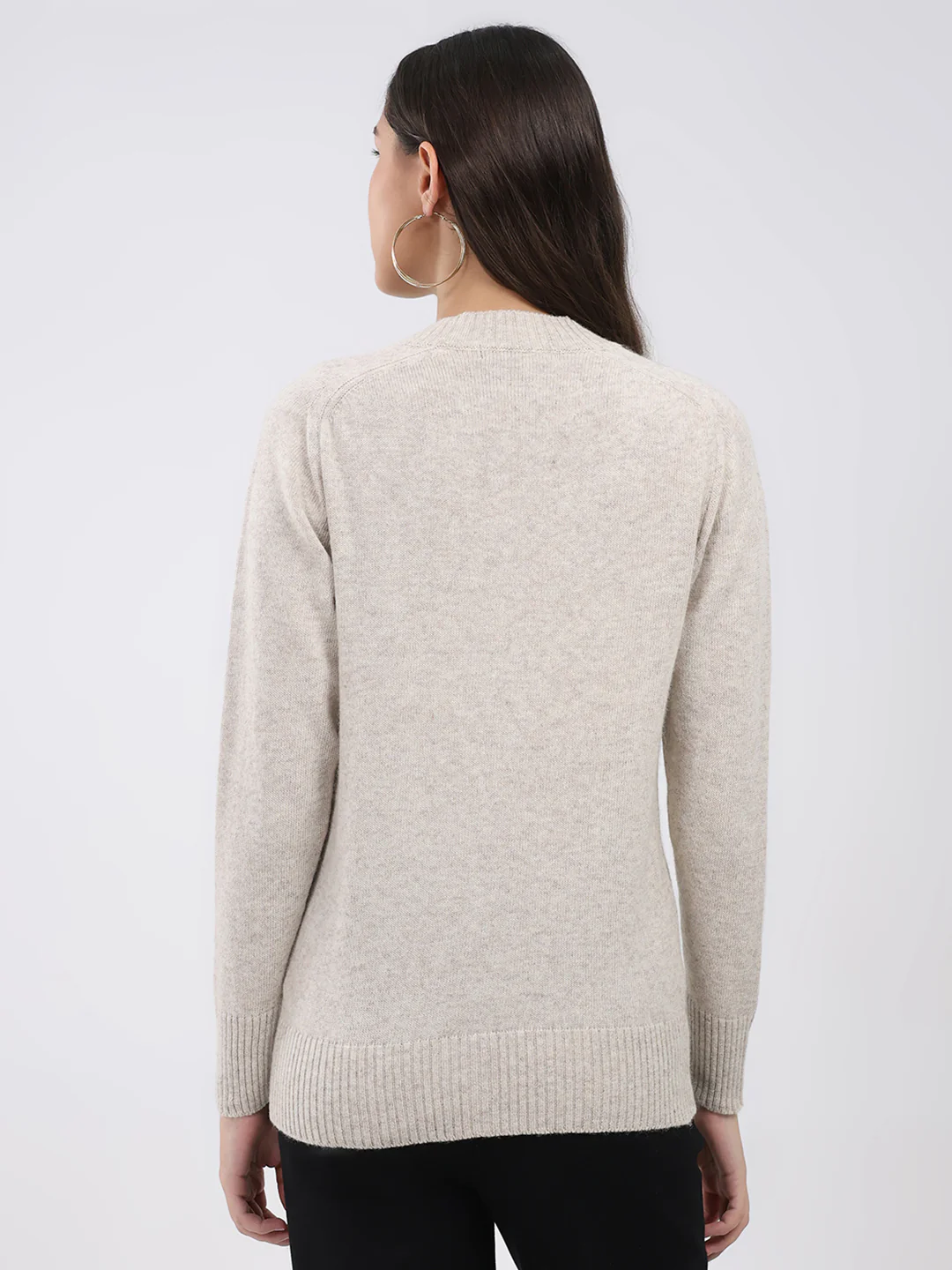 Women Cream Solid Round Neck Full Sleeve Cardigan - Image 5