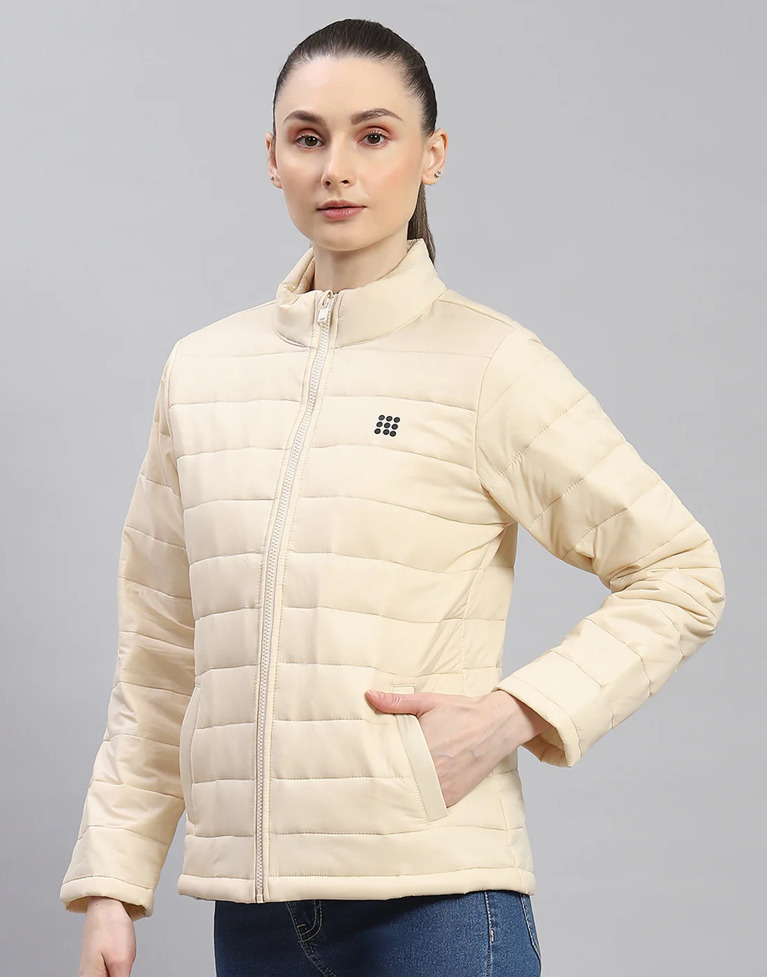 Rock.it Women Cream Solid Stand Collar Full Sleeve Jacket - Image 4