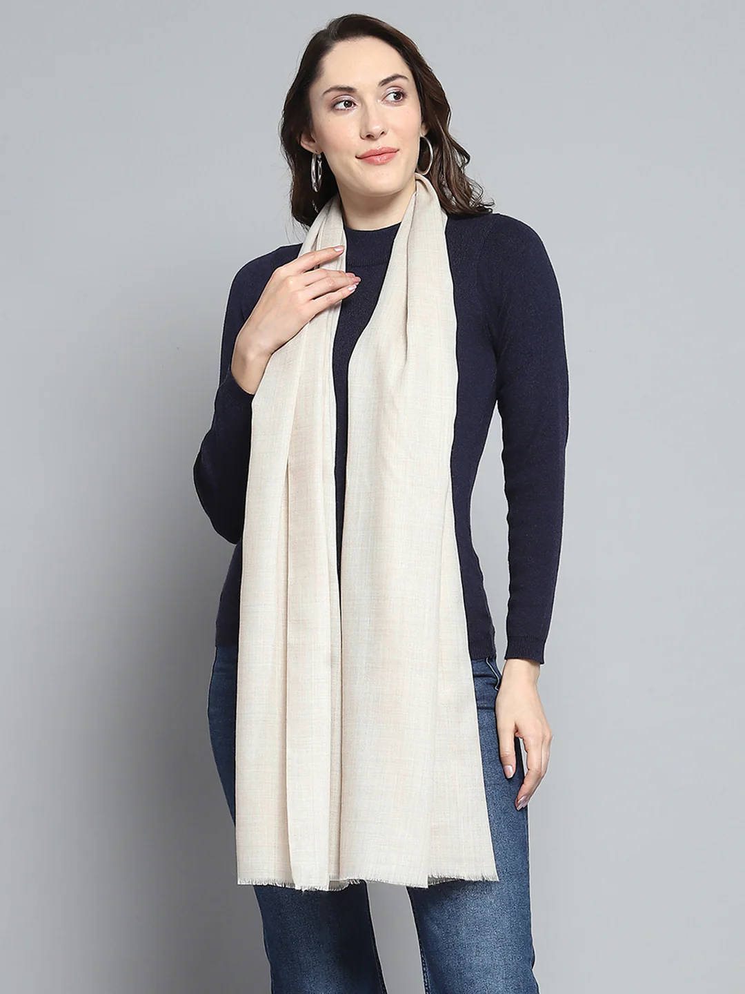 Women Cream Solid Stole - Image 5