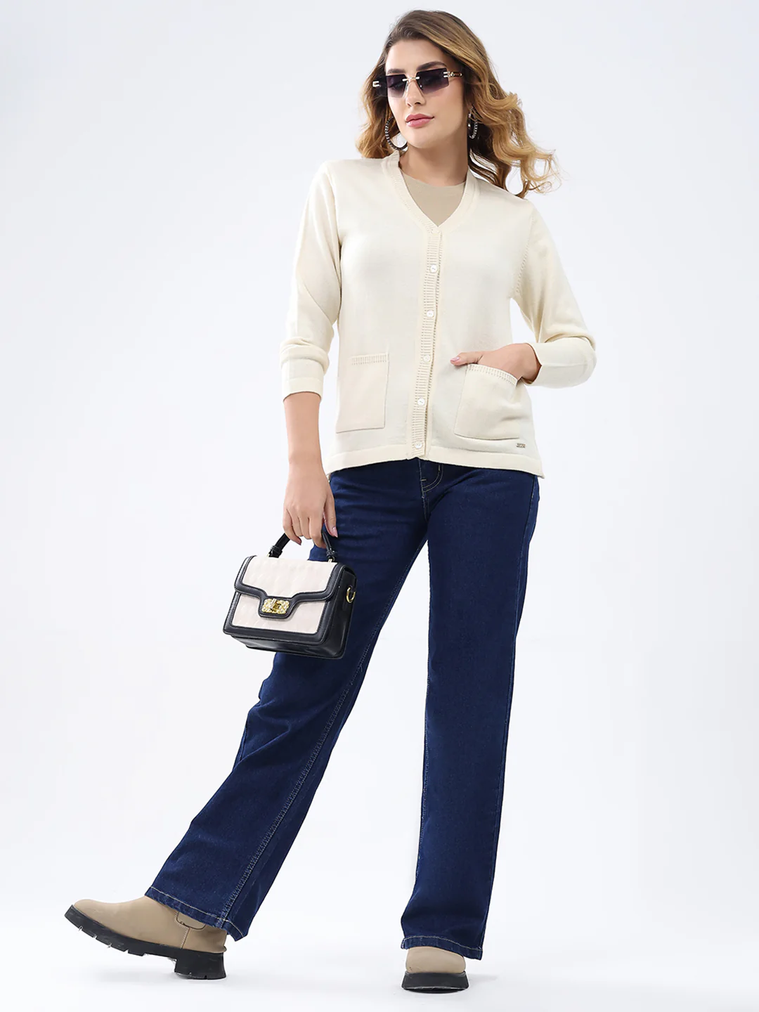 Women Cream Solid V Neck Full Sleeve Cardigan - Image 2