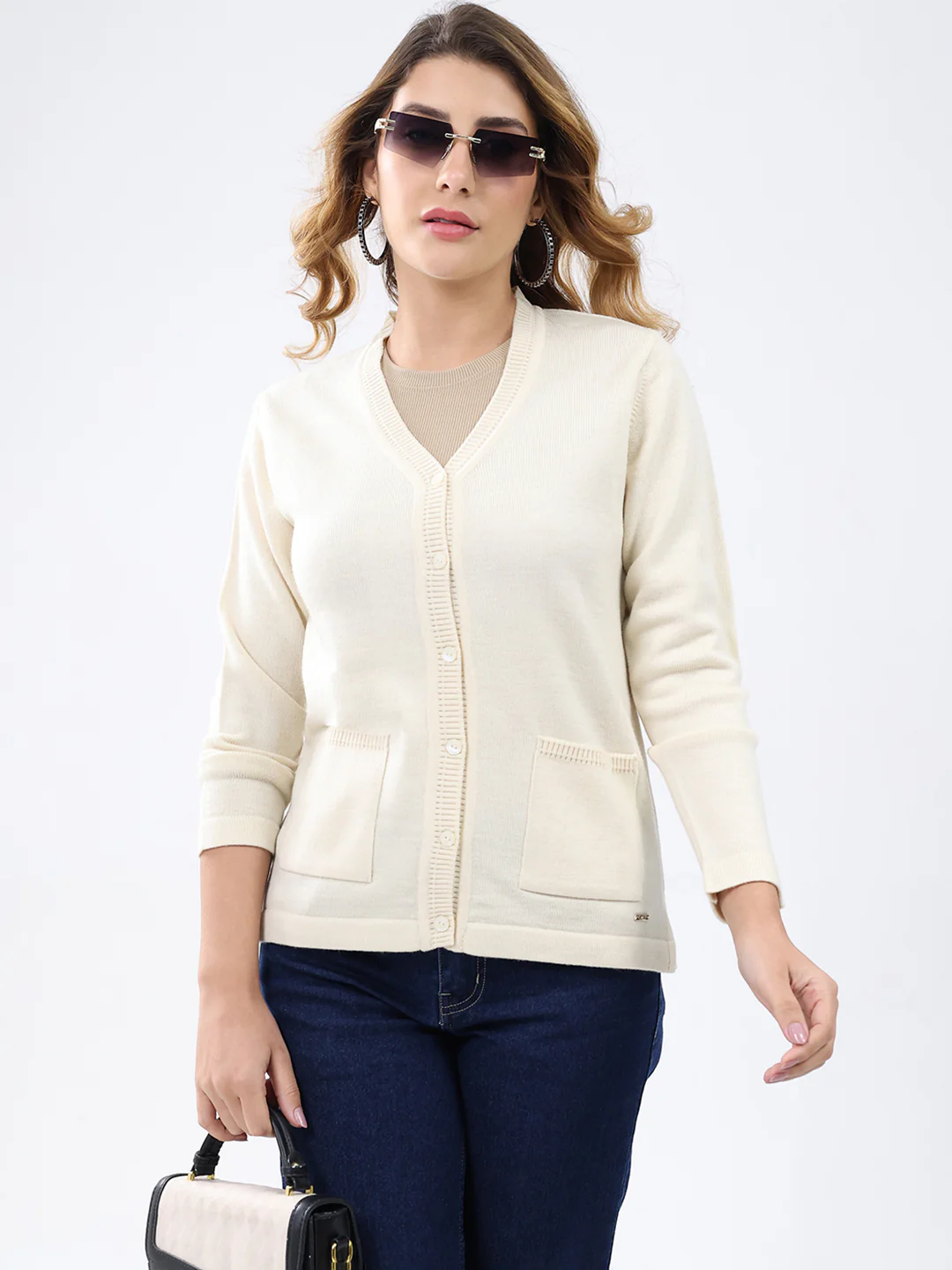 Women Cream Solid V Neck Full Sleeve Cardigan - Image 6