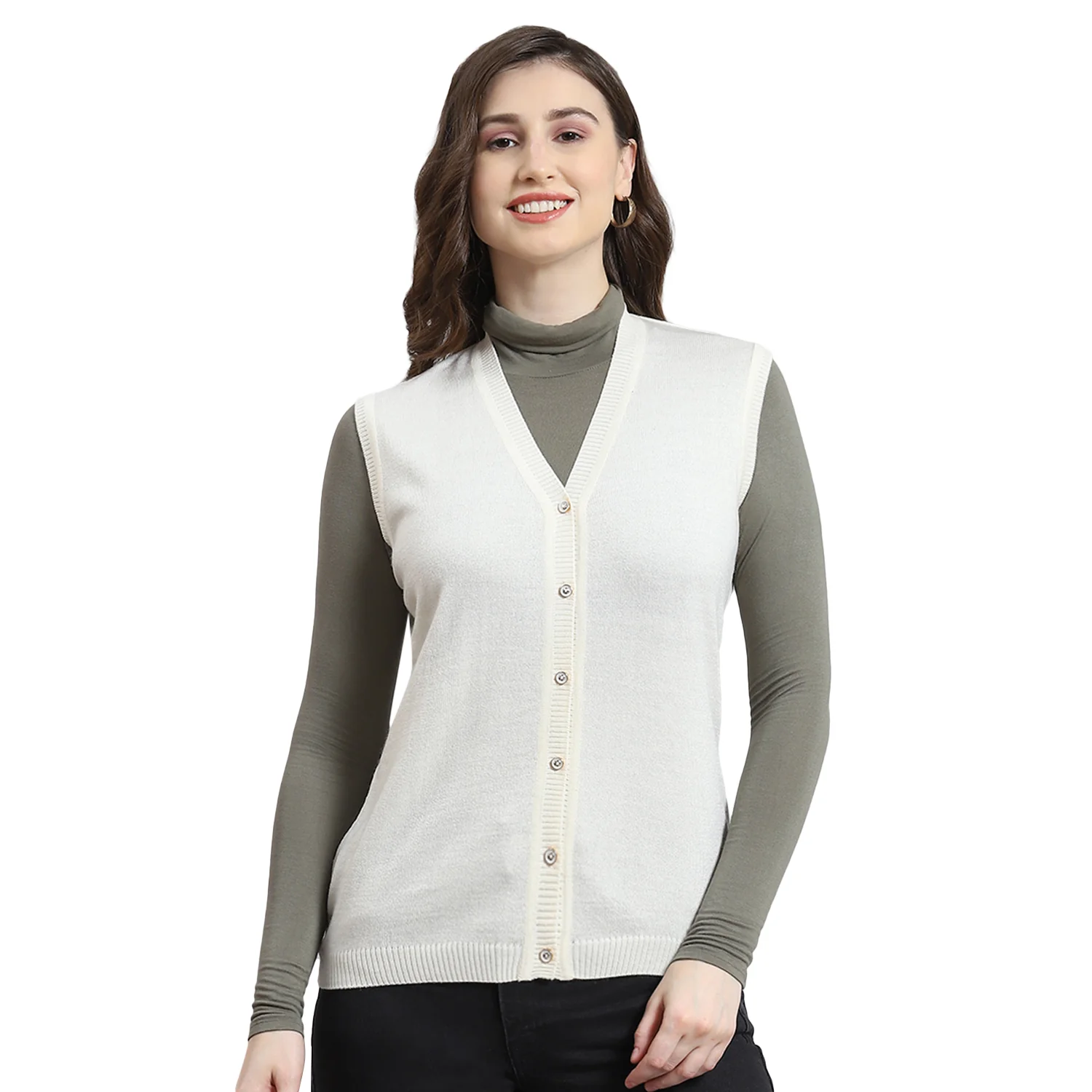 Women Cream Solid V Neck Sleeveless Cardigan - Image 5