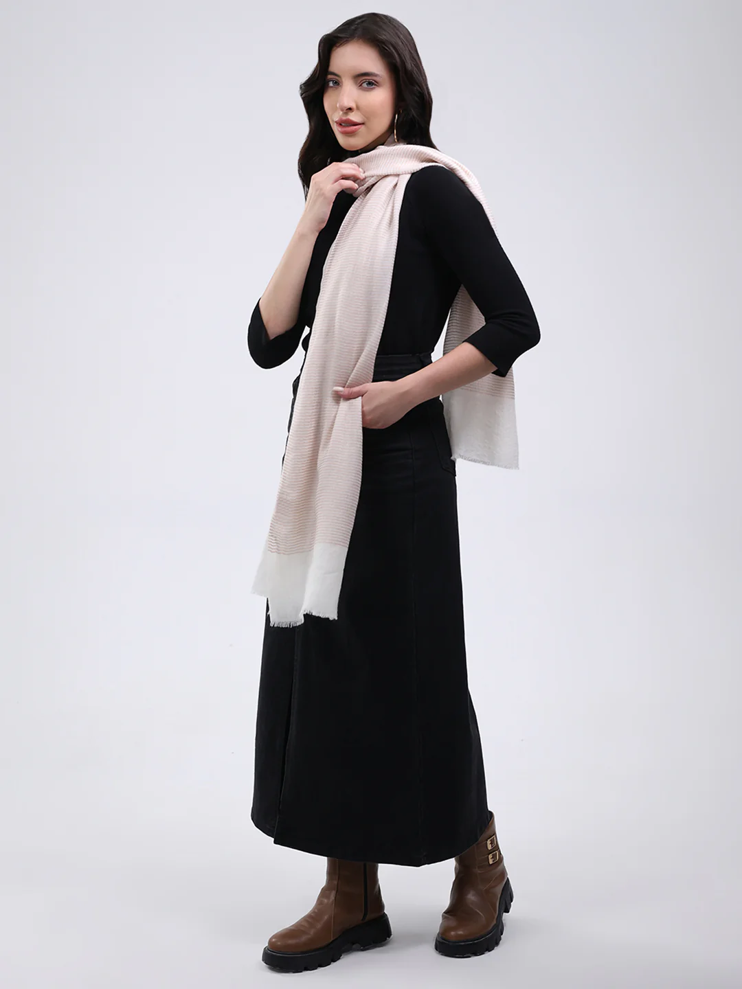 Women Cream Solid Wool Blend Stole - Image 3