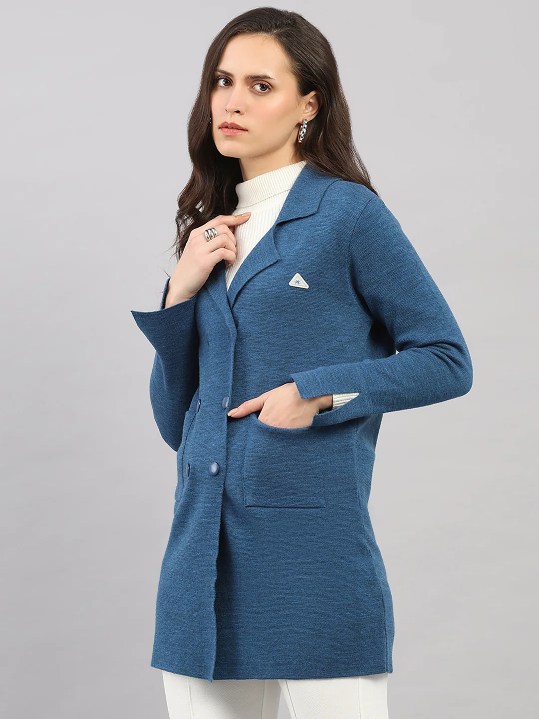 Women Dark Blue Self Design Lapel Collar Full Sleeve Knitted Coat - Image 3