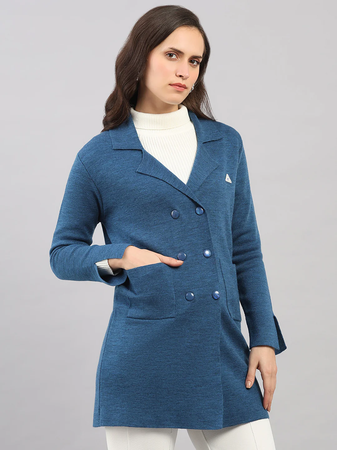 Women Dark Blue Self Design Lapel Collar Full Sleeve Knitted Coat - Image 4