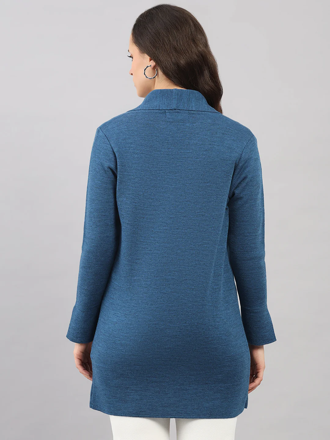 Women Dark Blue Self Design Lapel Collar Full Sleeve Knitted Coat - Image 5