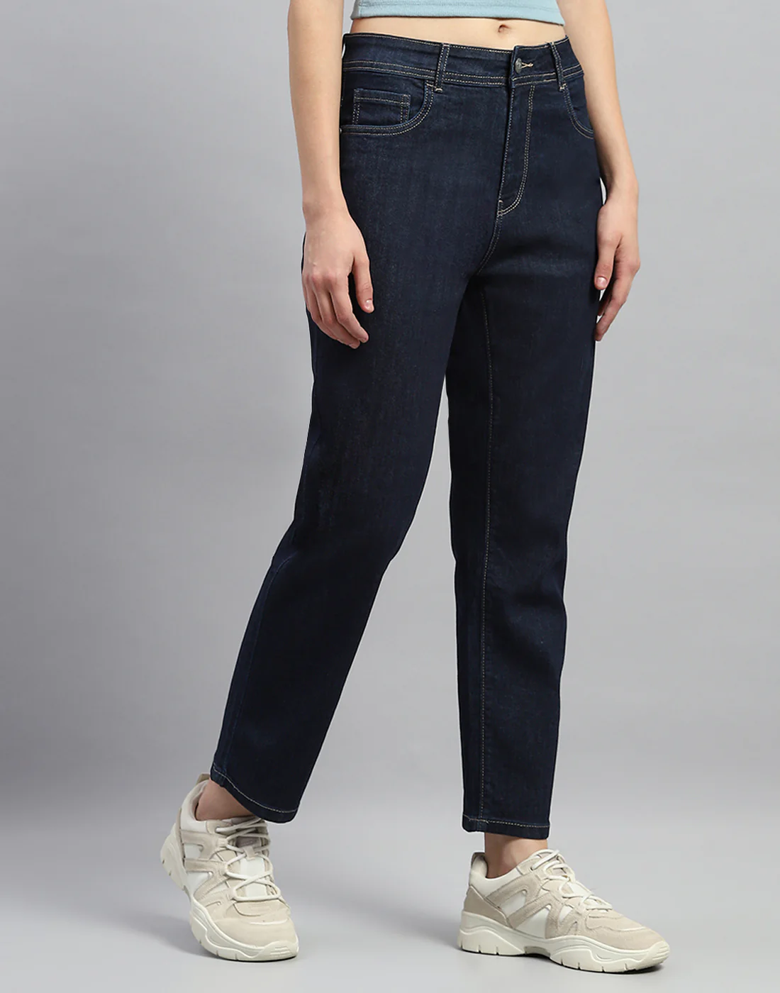 Women Dark Blue Solid Straight Fit Denim - Image 4