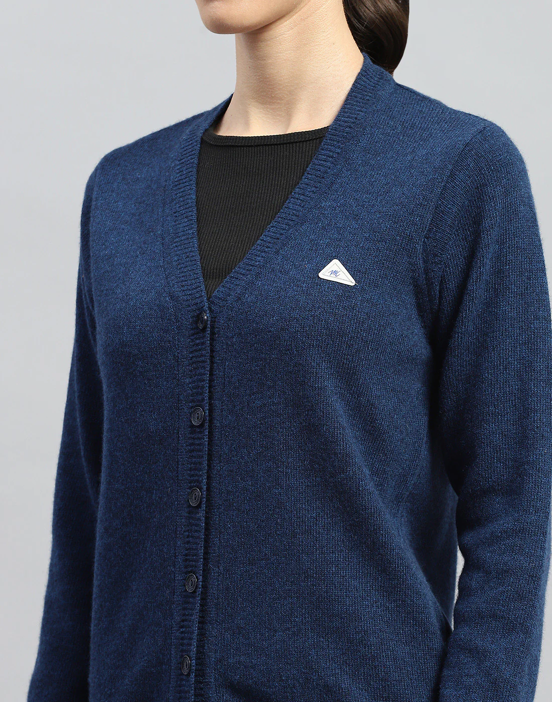 Women Dark Blue Solid V Neck Full Sleeve Cardigan - Image 7