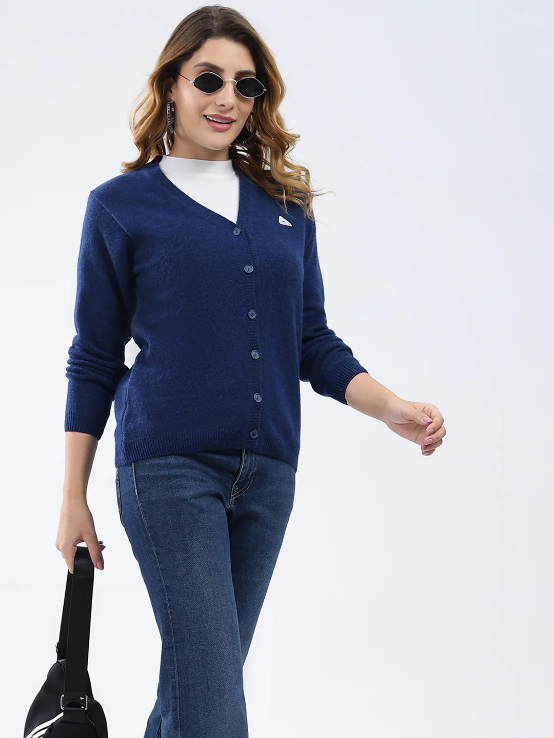 Women Dark Blue Solid V Neck Full Sleeve Cardigan - Image 6