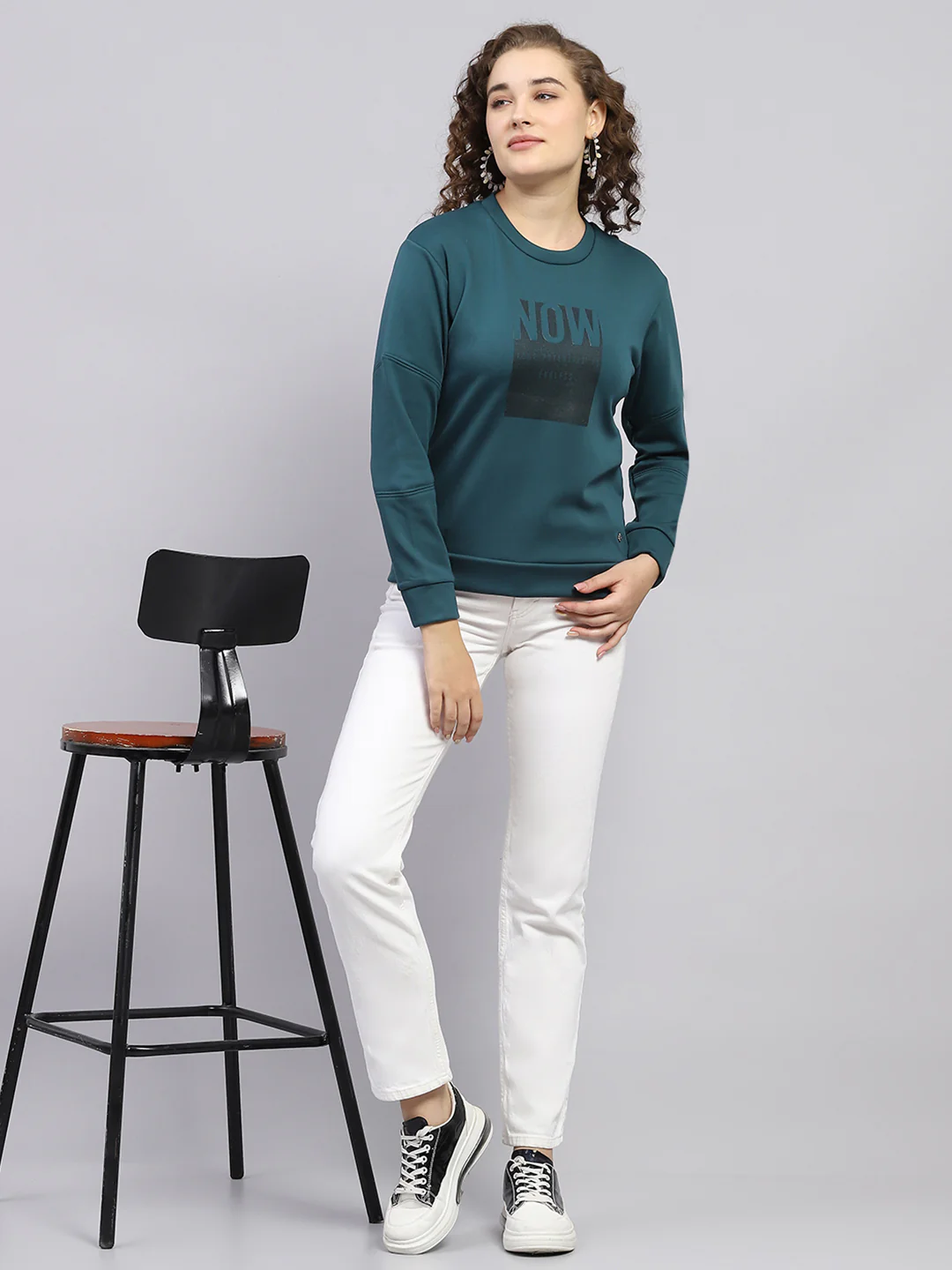 Women Dark Green Printed Round Neck Full Sleeve Sweatshirt - Image 5