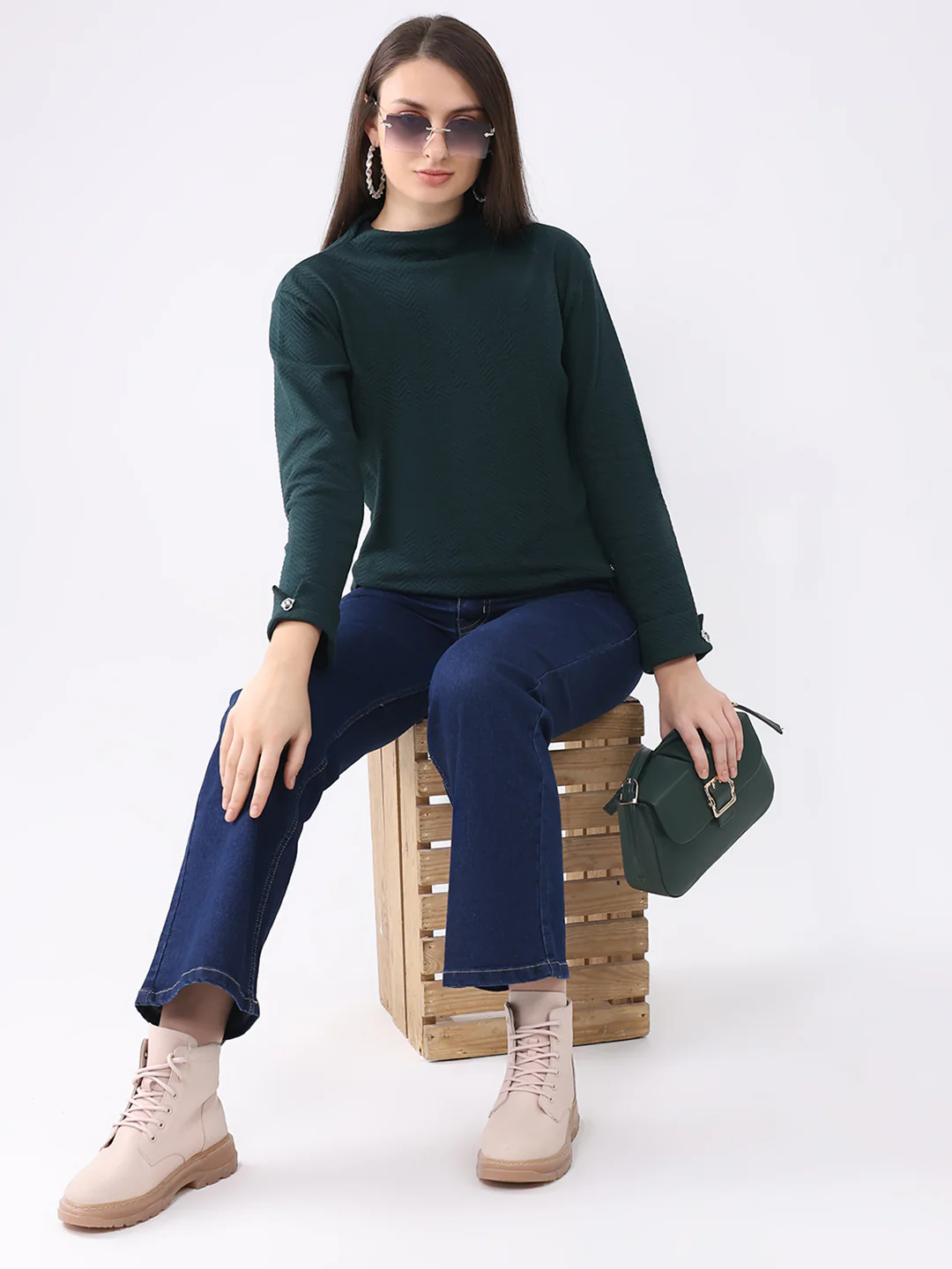 Women Dark Green Self Design Mock Neck Full Sleeve Winter Top - Image 2