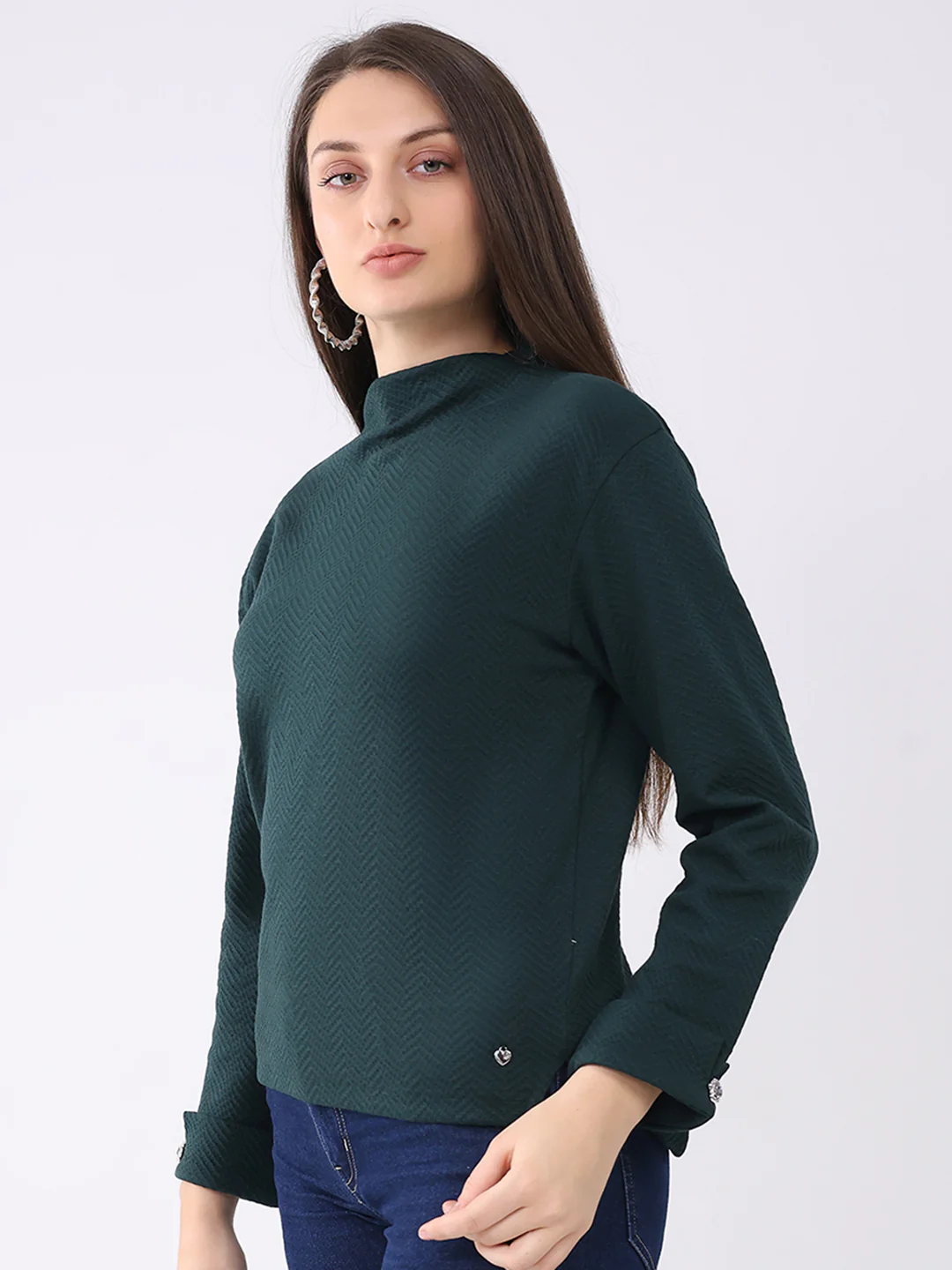 Women Dark Green Self Design Mock Neck Full Sleeve Winter Top - Image 3