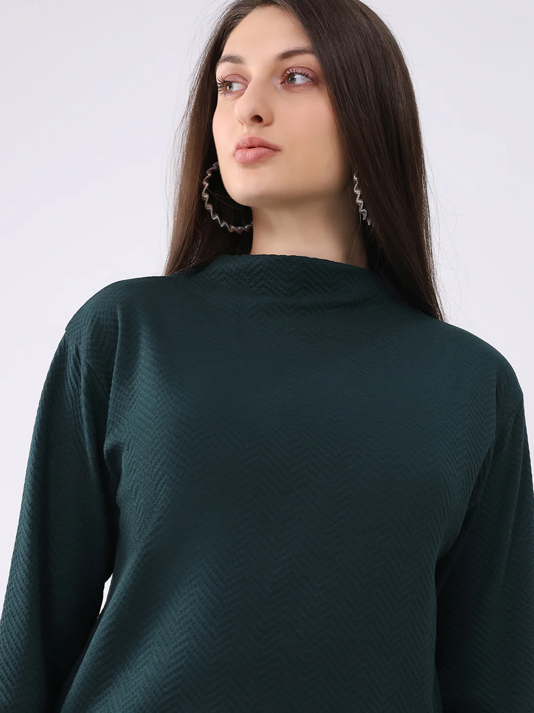 Women Dark Green Self Design Mock Neck Full Sleeve Winter Top - Image 6