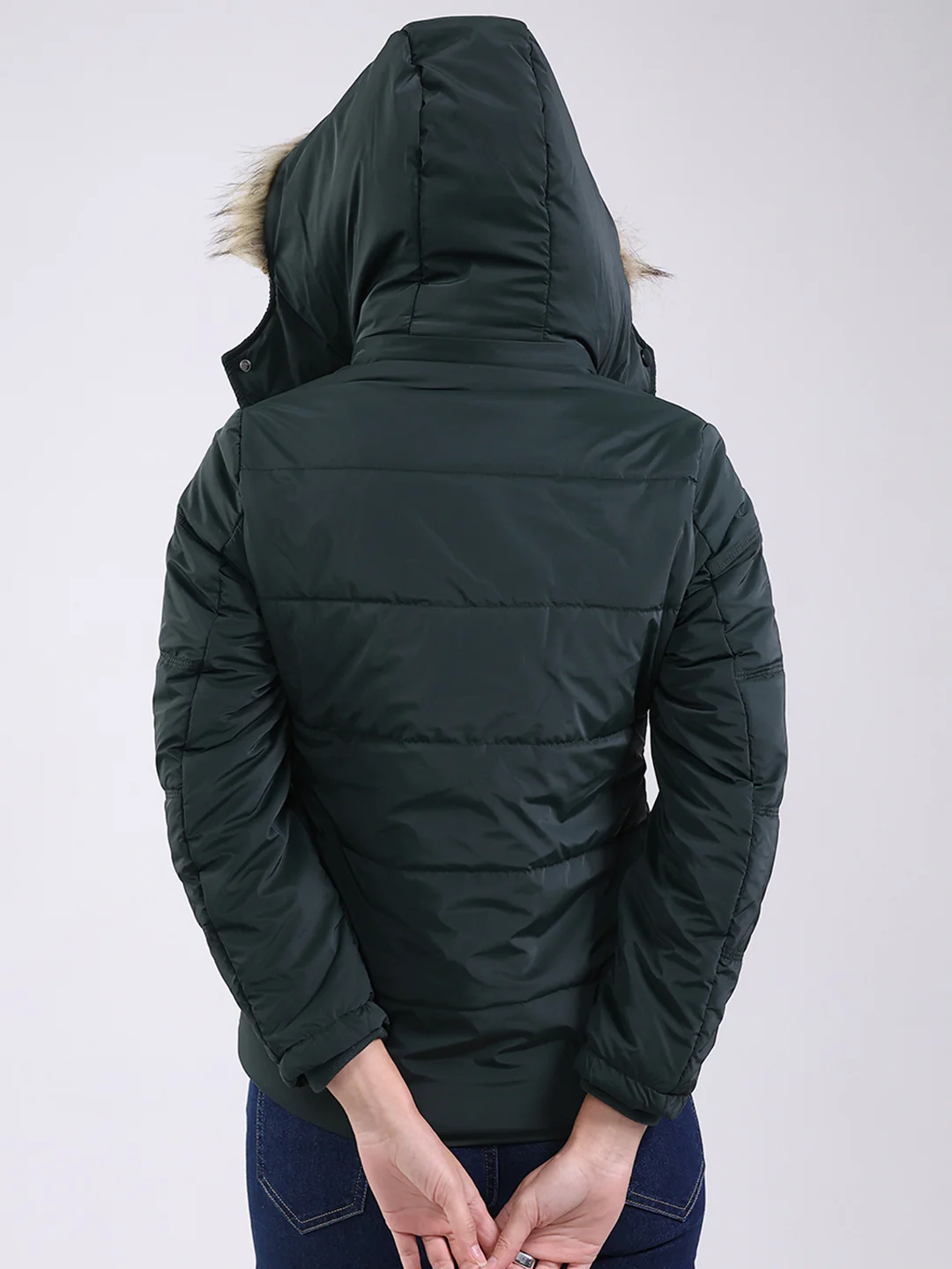 Women Dark Green Solid Hooded Full Sleeve Jacket - Image 2