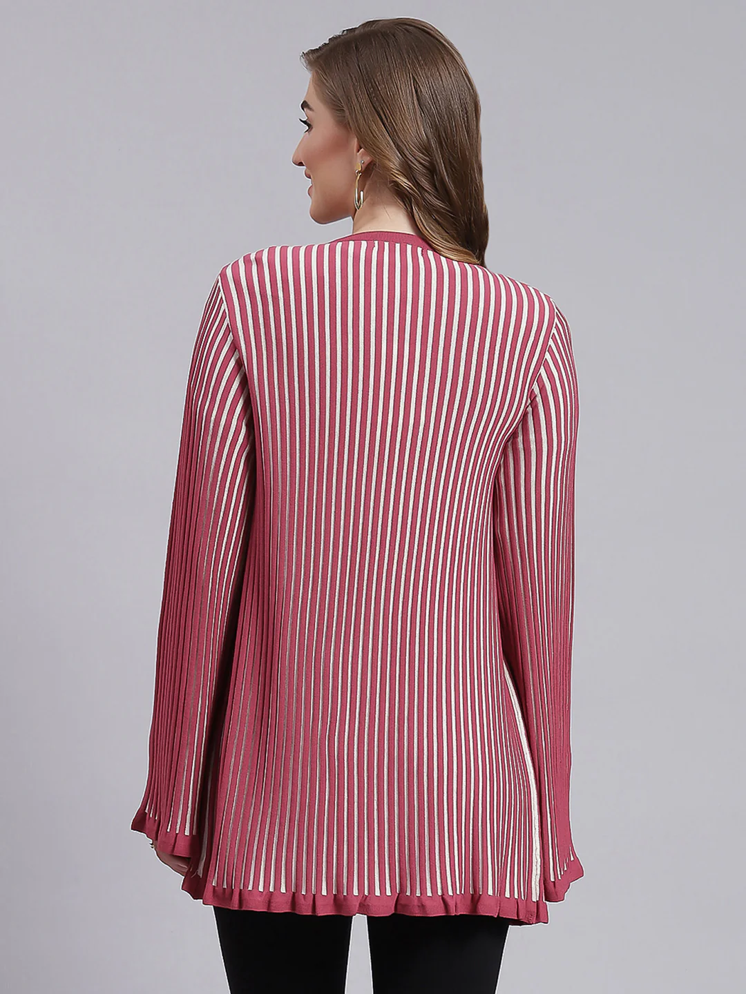 Women Dark Pink Stripe Wool blend Cardigan - Image 5