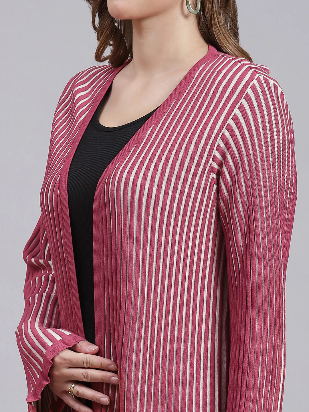 Women Dark Pink Stripe Wool blend Cardigan - Image 6