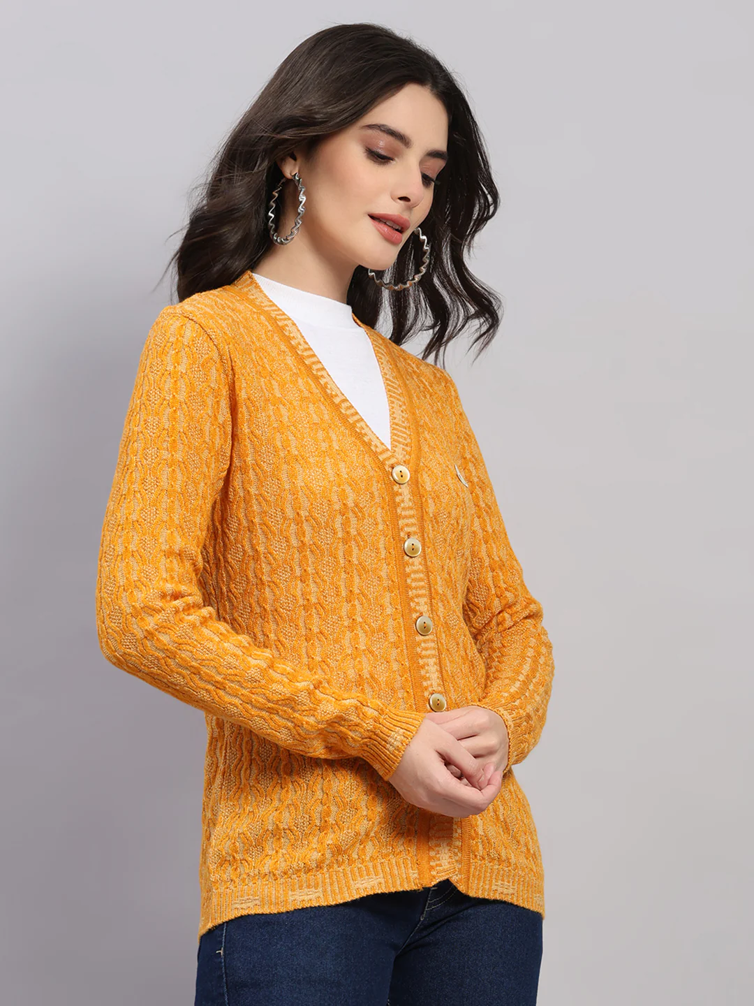Women Golden Yellow Self Design V Neck Full Sleeve Cardigan - Image 4