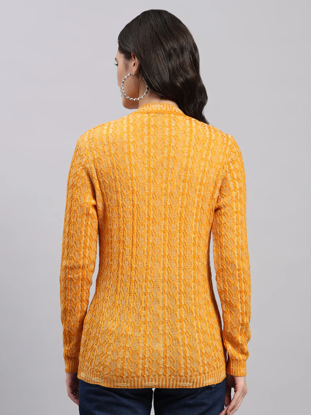 Women Golden Yellow Self Design V Neck Full Sleeve Cardigan - Image 5