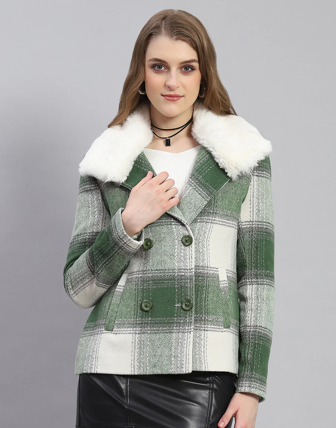 Women Green Check Collar Full Sleeve Coat - Image 2