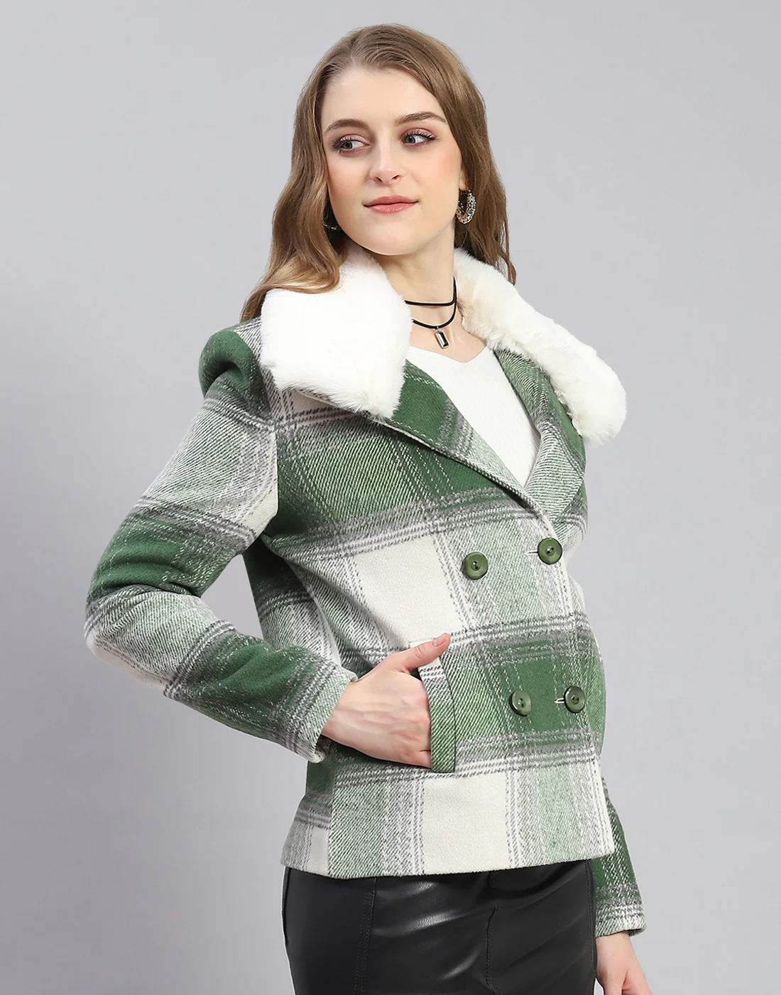 Women Green Check Collar Full Sleeve Coat - Image 4