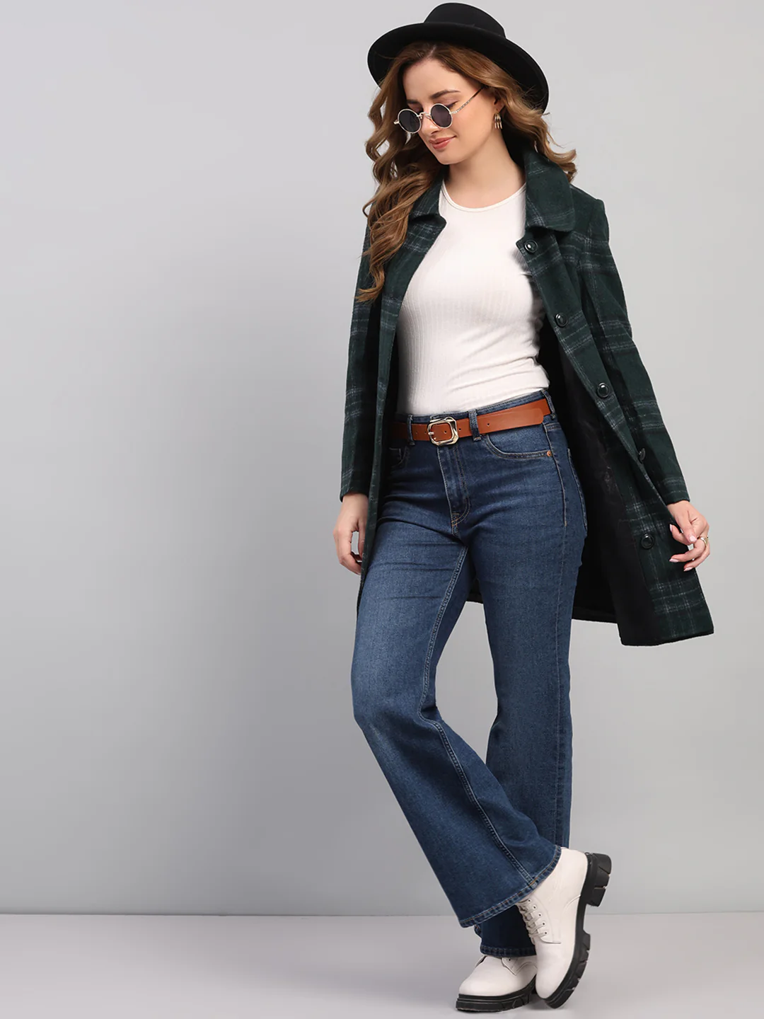 Women Green Check Collar Full Sleeve Coat - Image 2