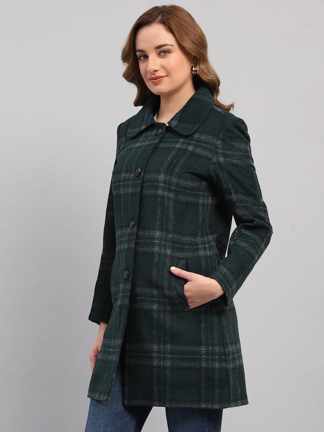 Women Green Check Collar Full Sleeve Coat - Image 3