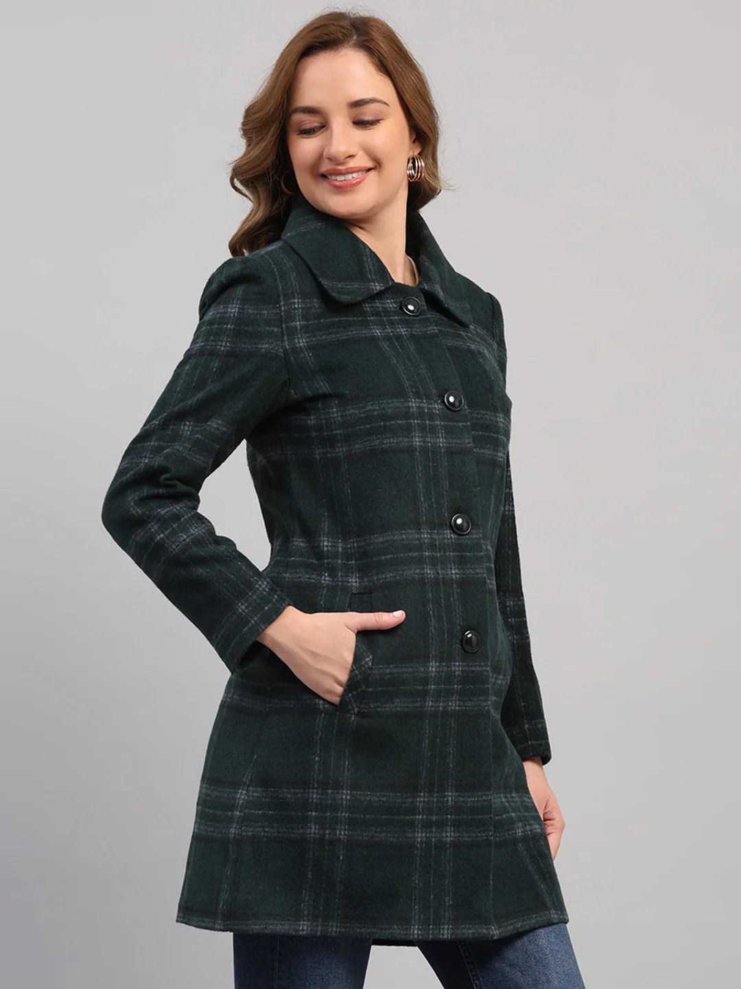 Women Green Check Collar Full Sleeve Coat - Image 4