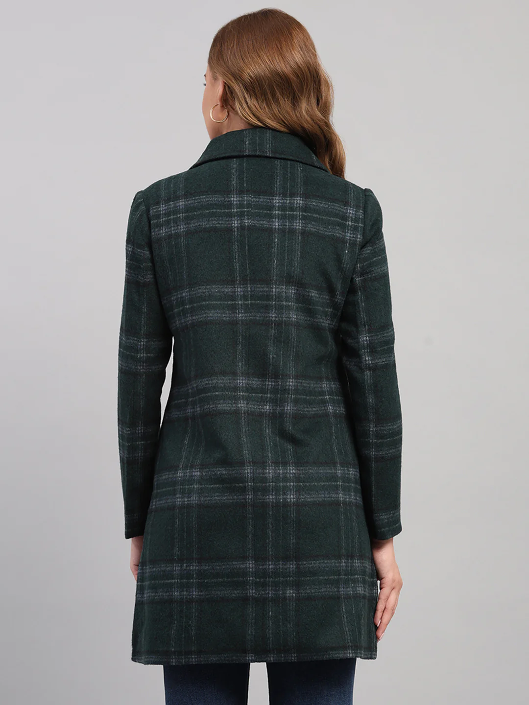 Women Green Check Collar Full Sleeve Coat - Image 5