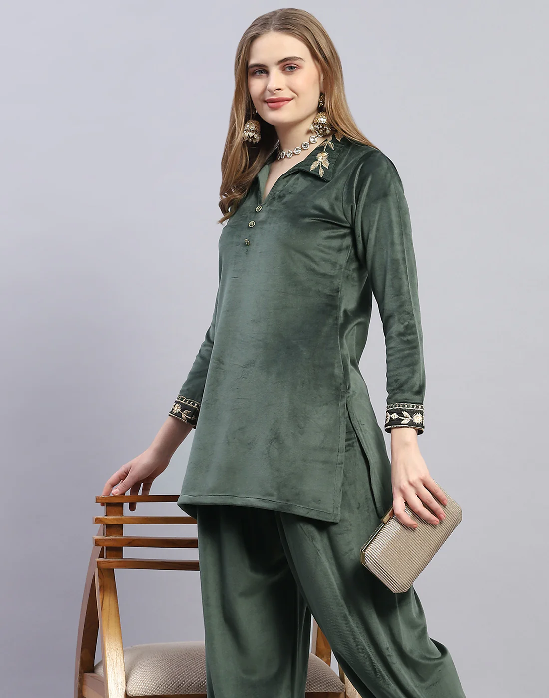 Women Green Embroidered Collar Full Sleeve Cords Set - Image 7
