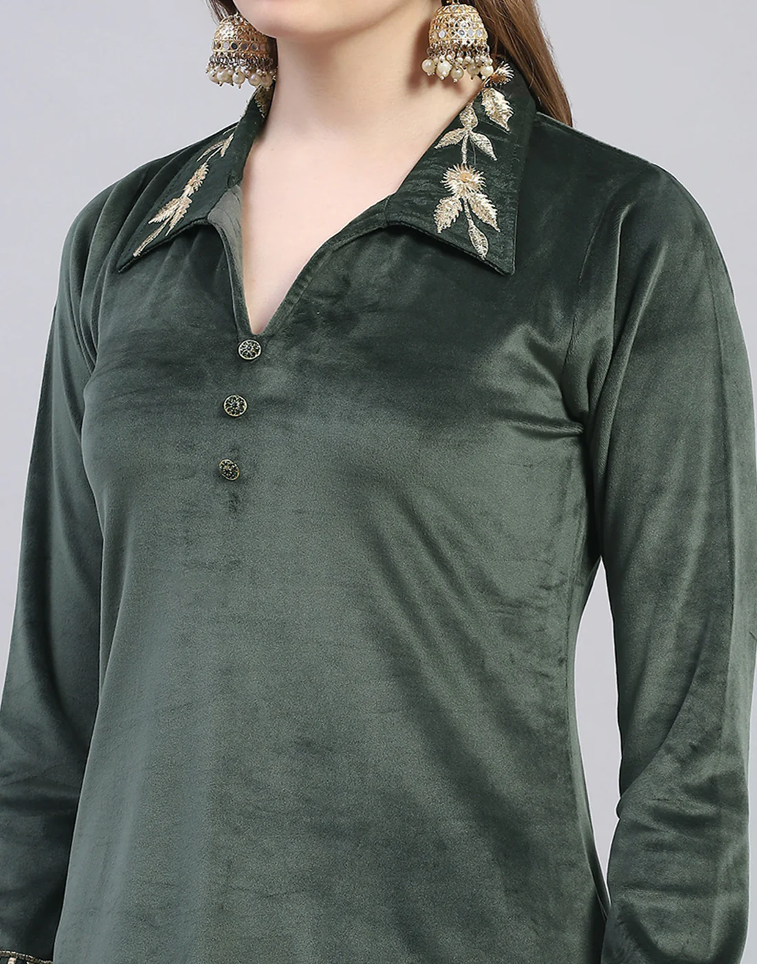 Women Green Embroidered Collar Full Sleeve Cords Set - Image 8