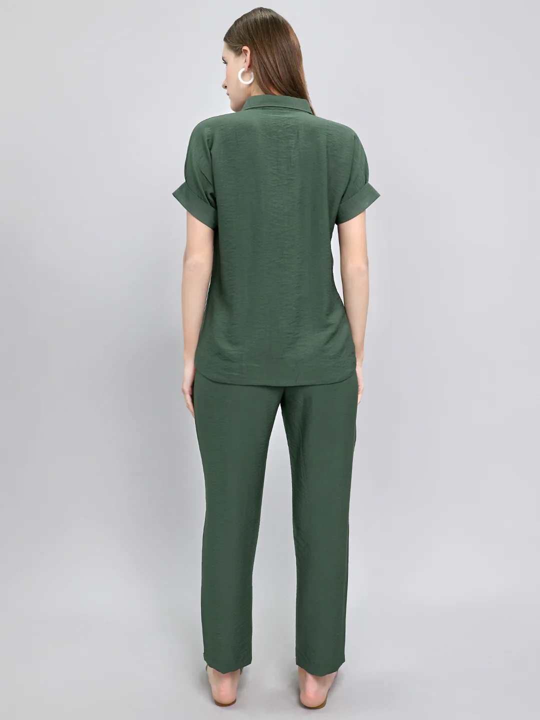 Women Green Embroidered Collar Half Sleeve Cords Set - Image 4