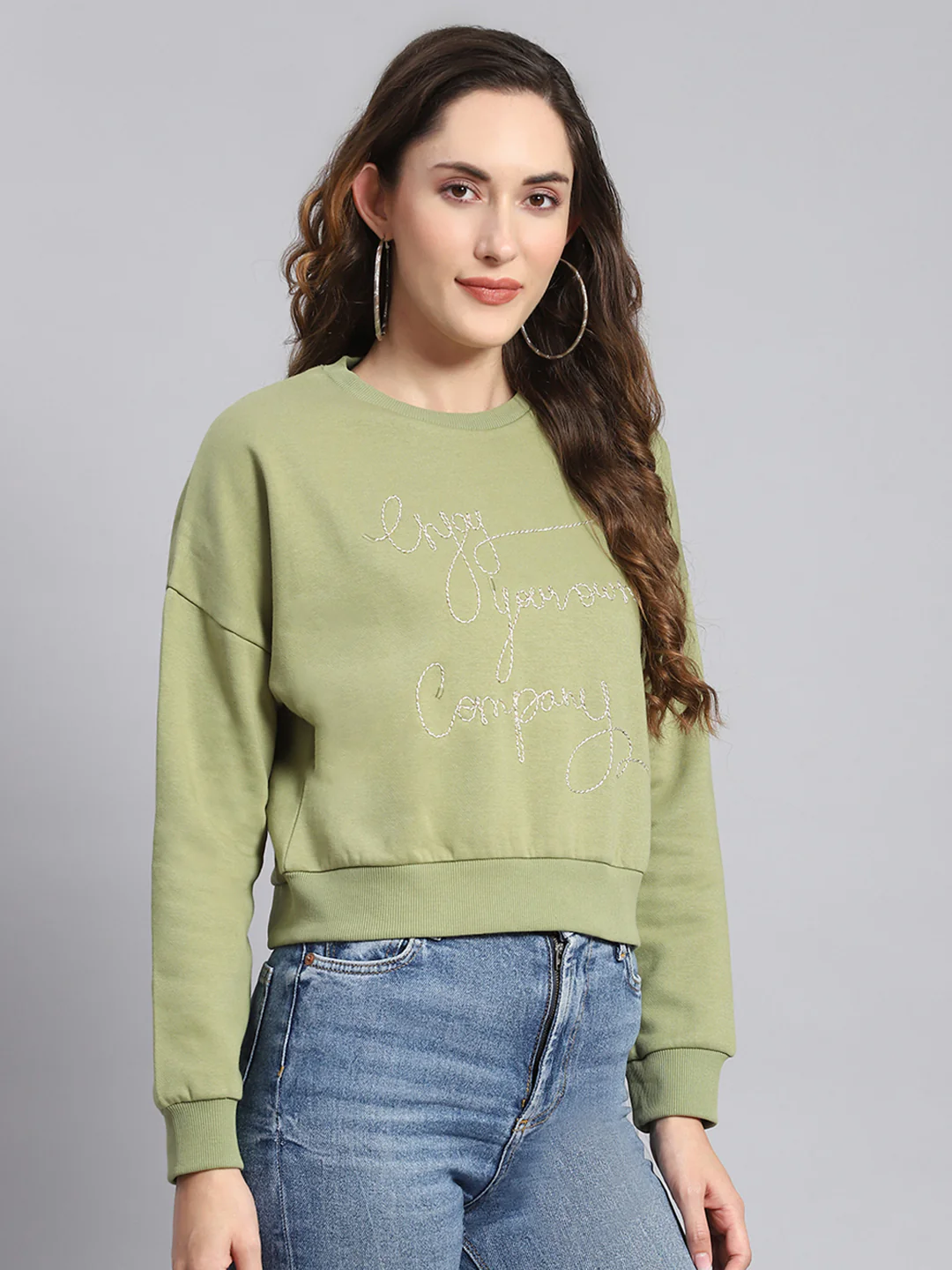 Women Green Embroidered Round Neck Full Sleeve Sweatshirts - Image 4