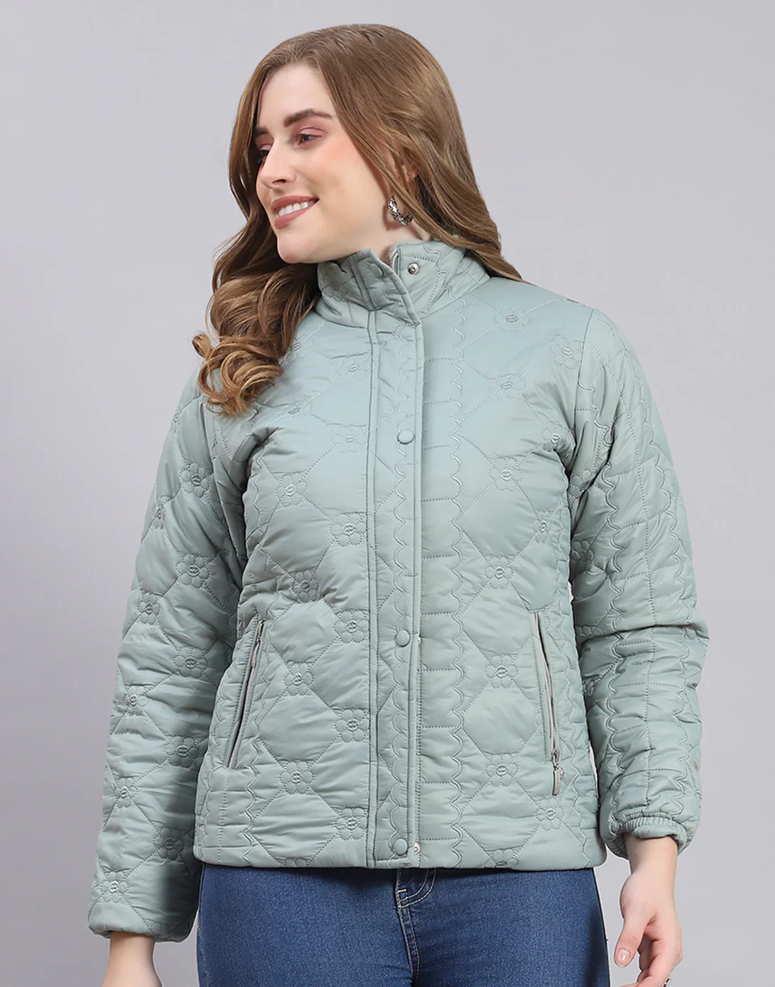 Women Green Embroidered Stand Collar Full Sleeve Jacket - Image 2