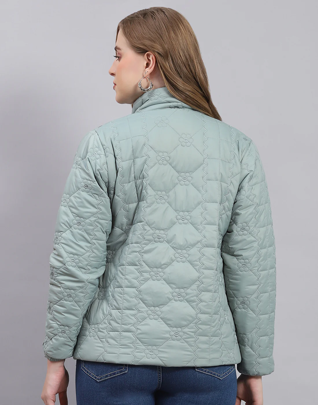 Women Green Embroidered Stand Collar Full Sleeve Jacket - Image 5