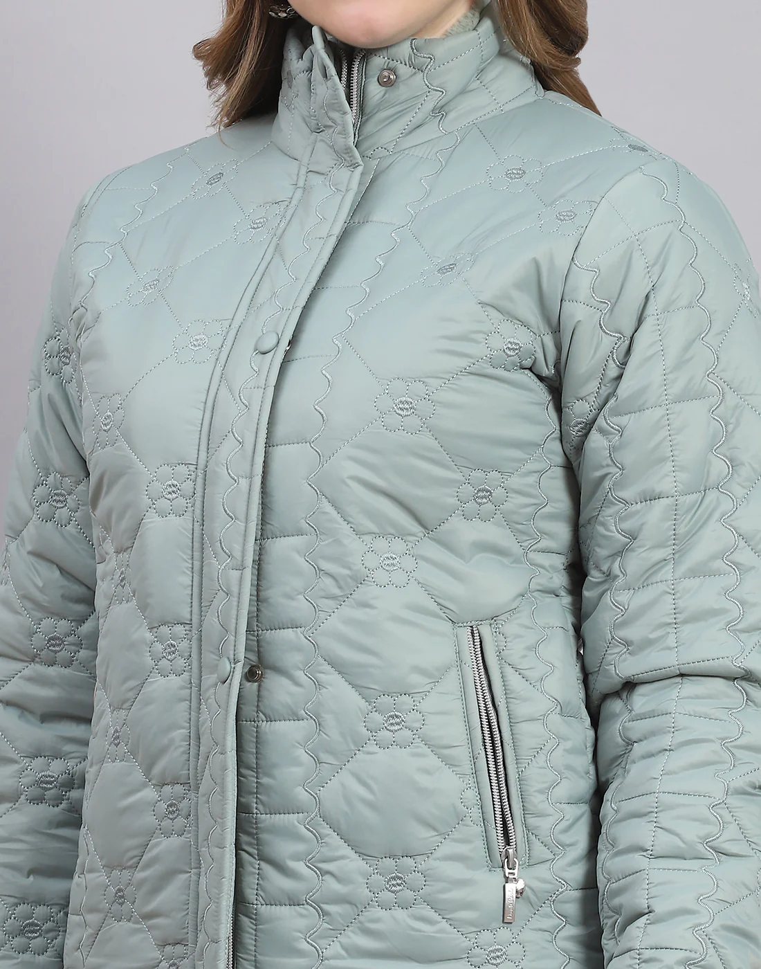 Women Green Embroidered Stand Collar Full Sleeve Jacket - Image 6