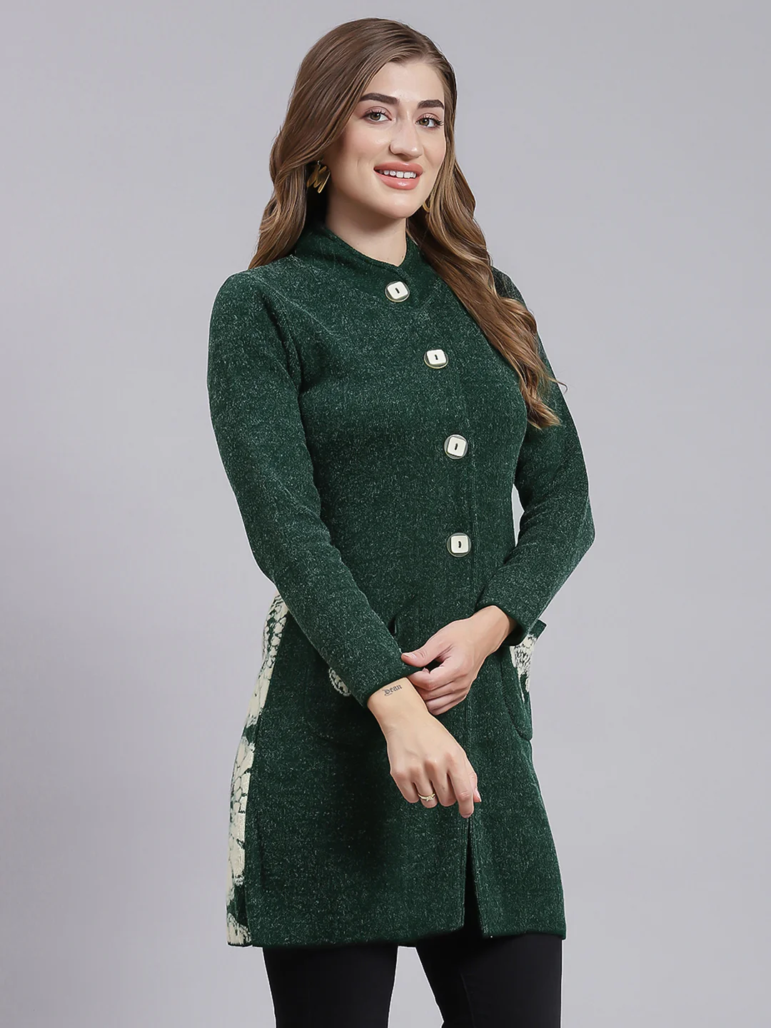 Women Green Jaquard Wool blend Knitted Coat - Image 2