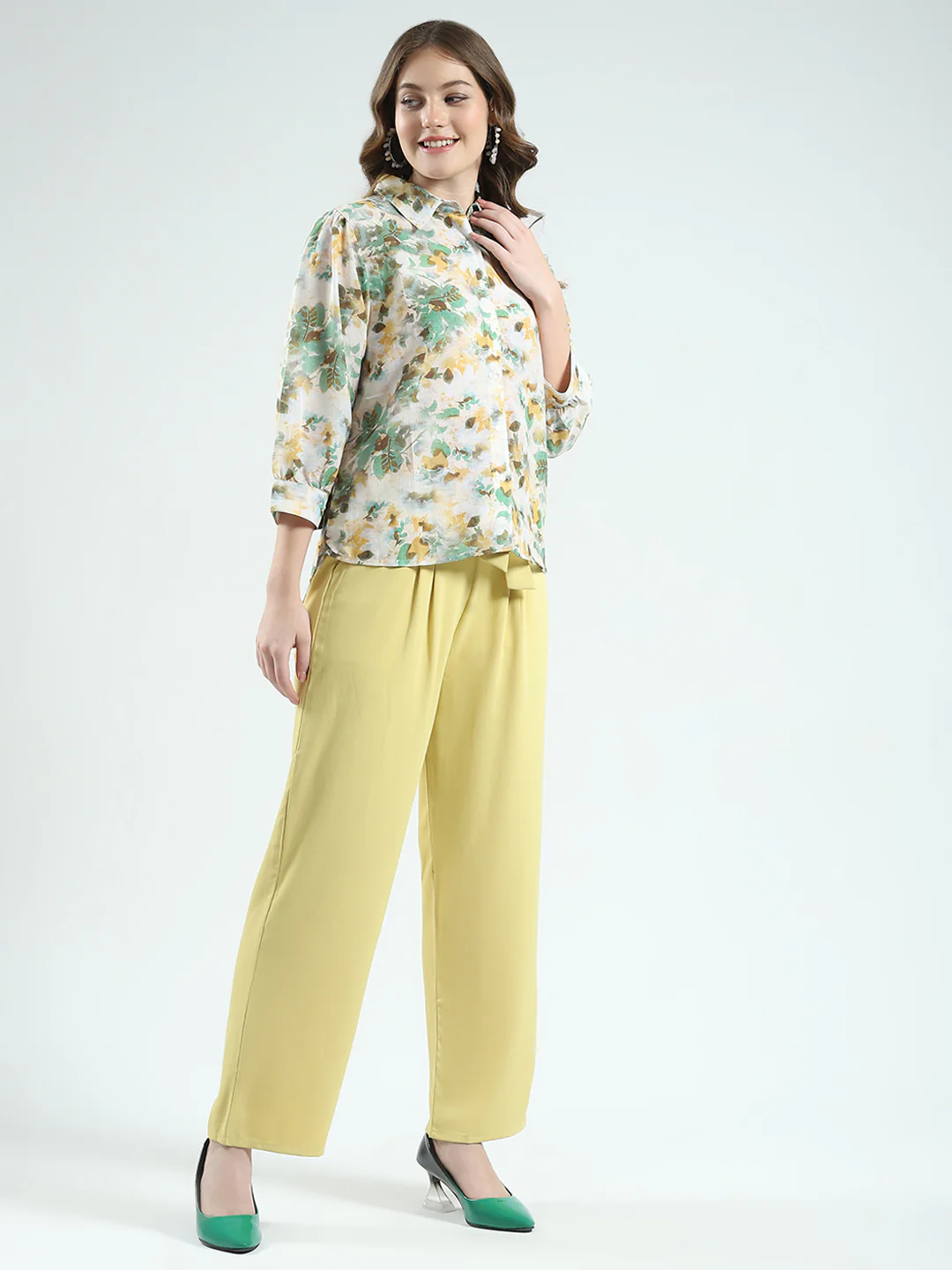 Women Green Printed Collar 3/4th Sleeve Cords Set - Image 5