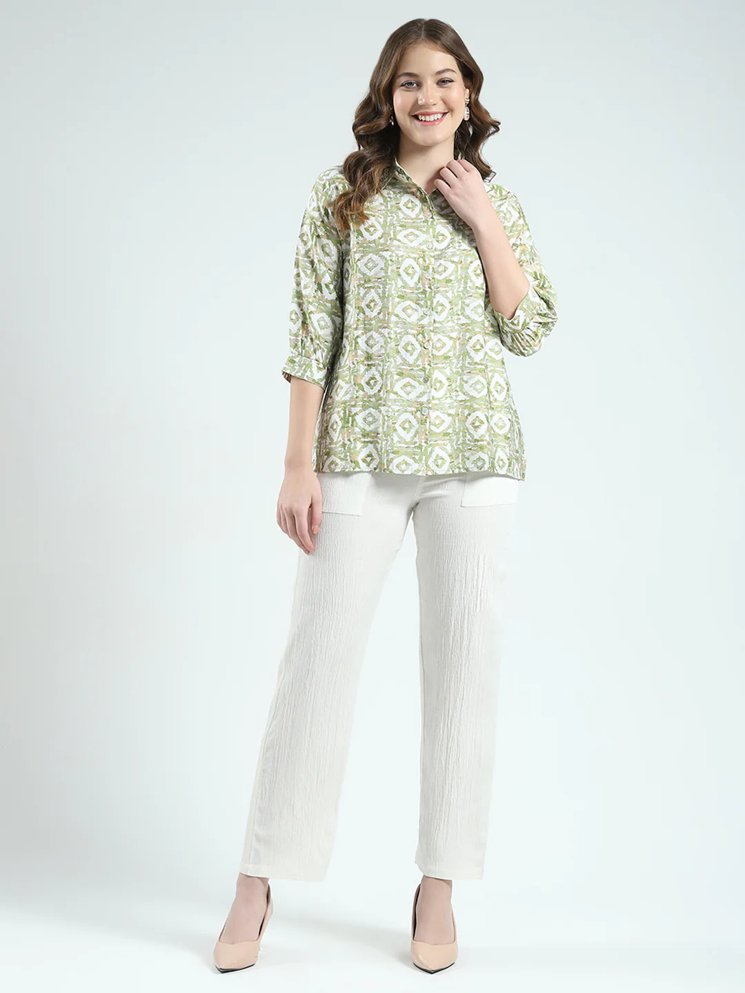 Women Green Printed Collar 3/4th Sleeve Cords Set - Image 3