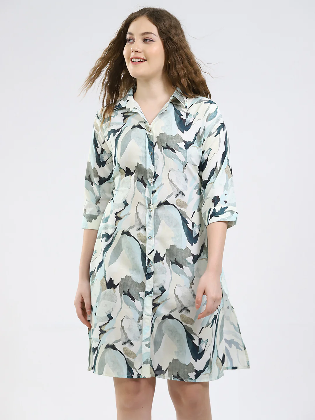 Women Green Printed Collar 3/4th Sleeve Dress - Image 3