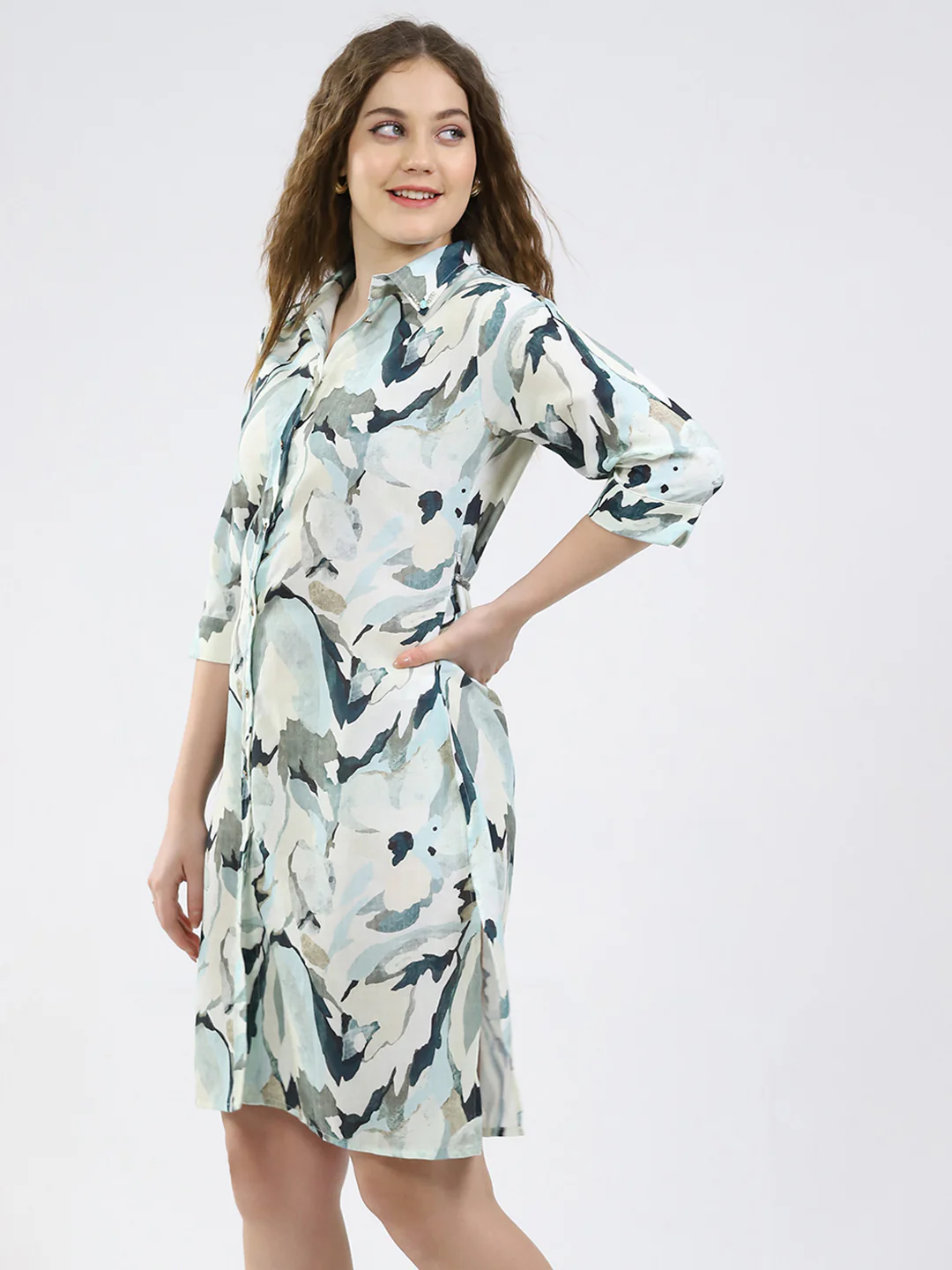 Women Green Printed Collar 3/4th Sleeve Dress - Image 5