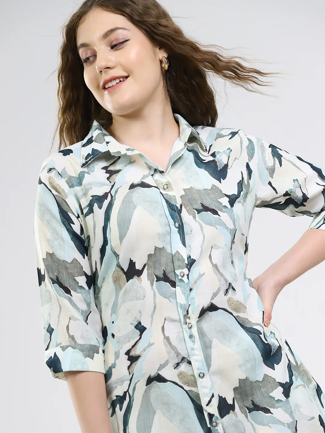 Women Green Printed Collar 3/4th Sleeve Dress - Image 7