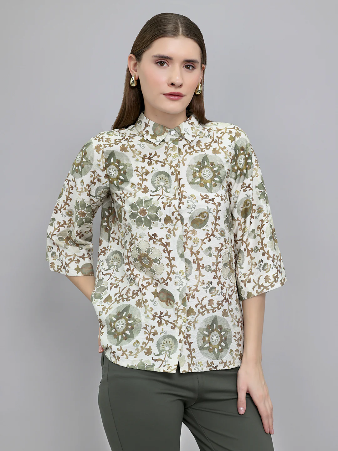 Women Green Printed Collar 3/4th Sleeve Top - Image 3