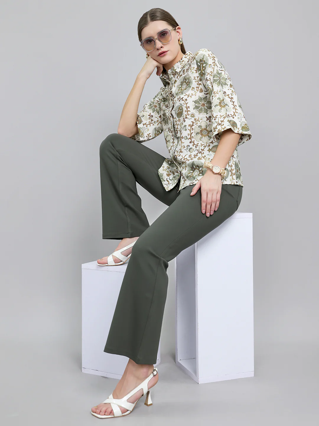 Women Green Printed Collar 3/4th Sleeve Top - Image 6