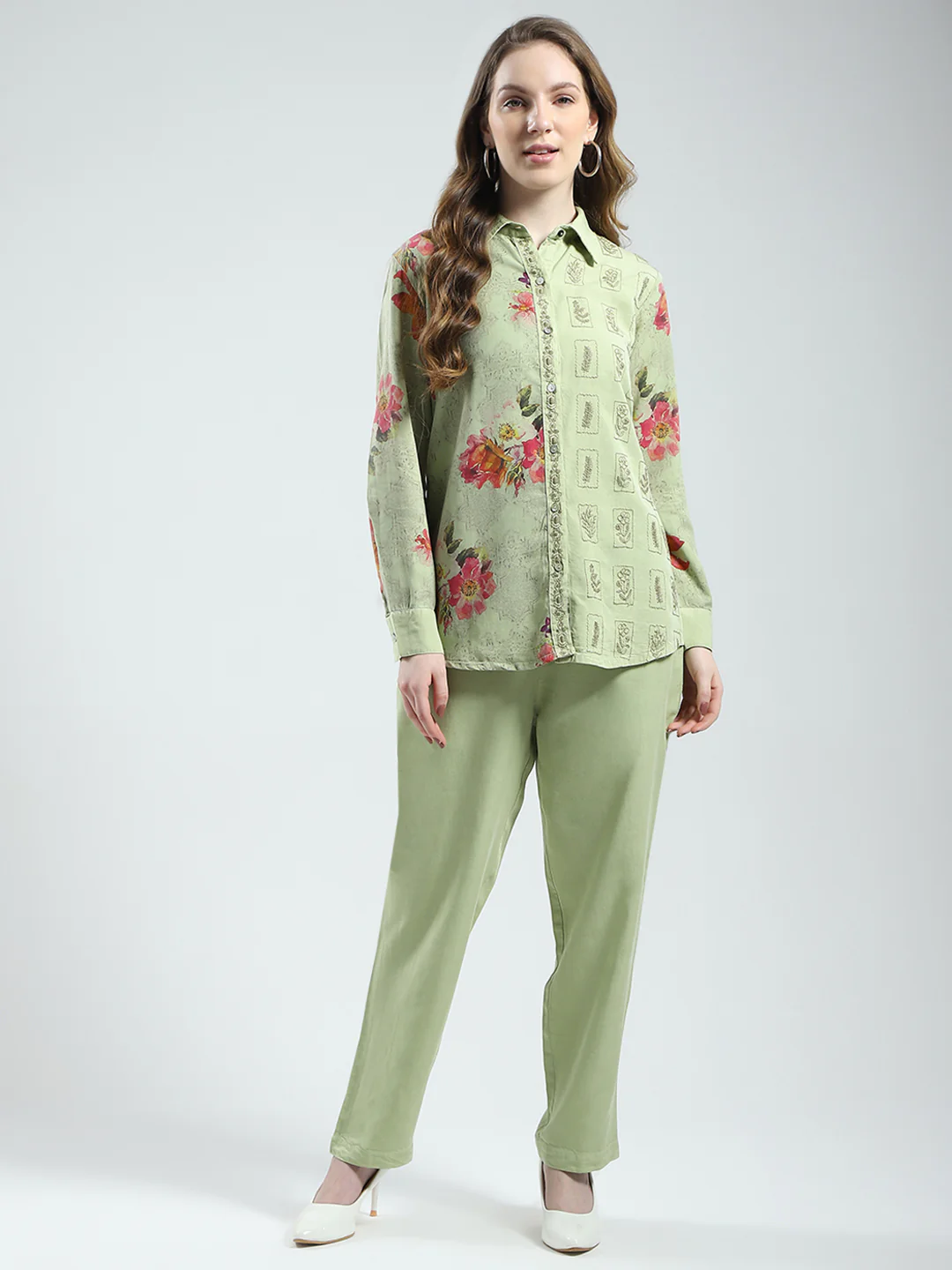 Women Green Printed Collar Full Sleeve Cords Set - Image 3