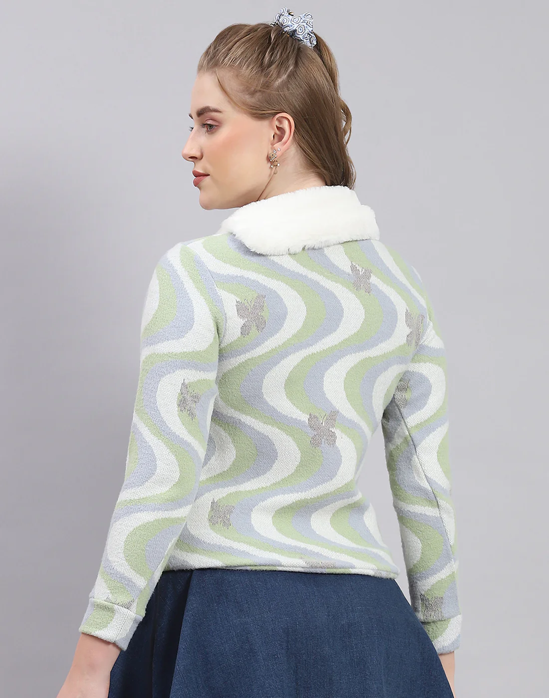 Women Green Printed Collar Full Sleeve Sweatshirt - Image 6