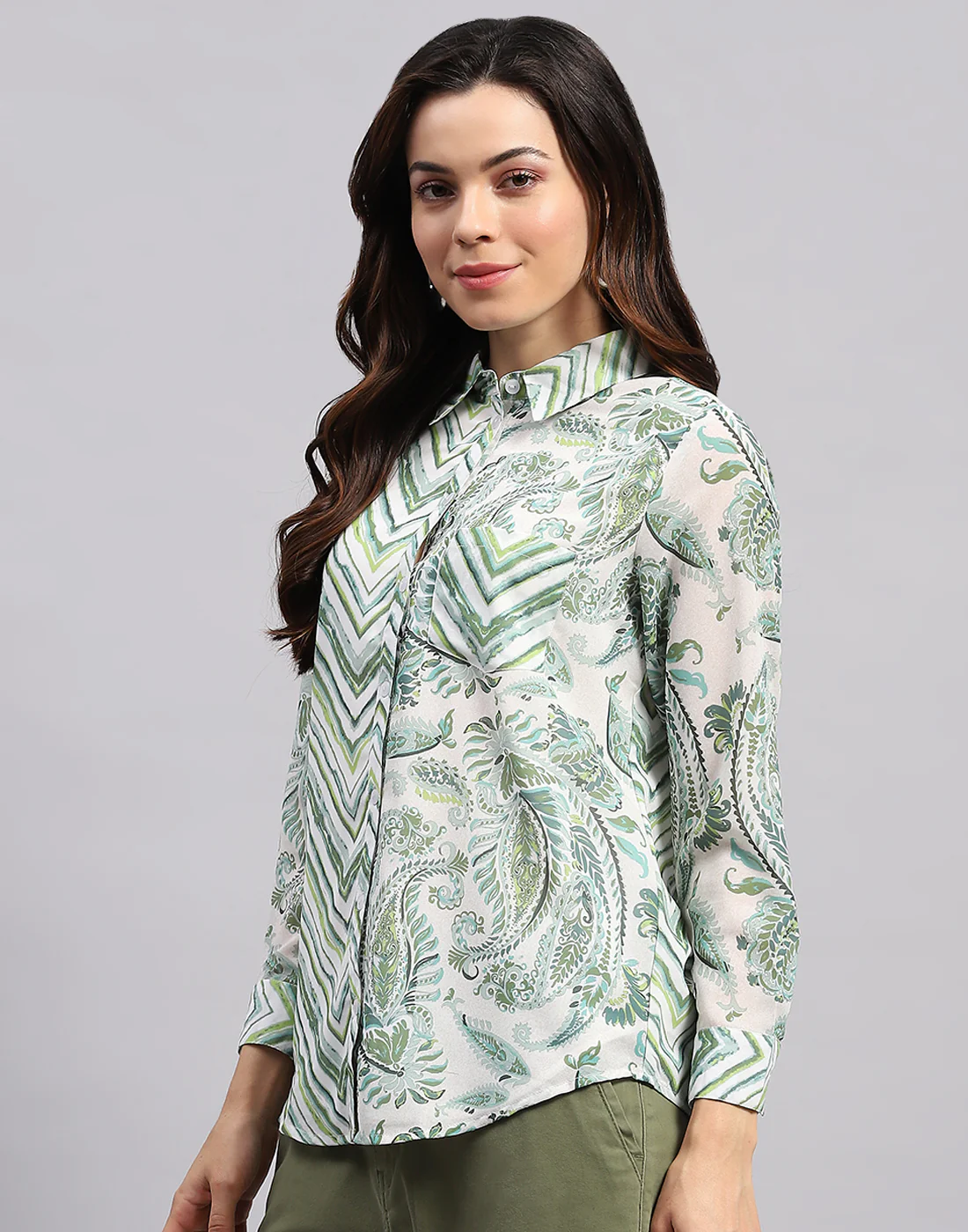 Women Green Printed Collar Full Sleeve Top - Image 4