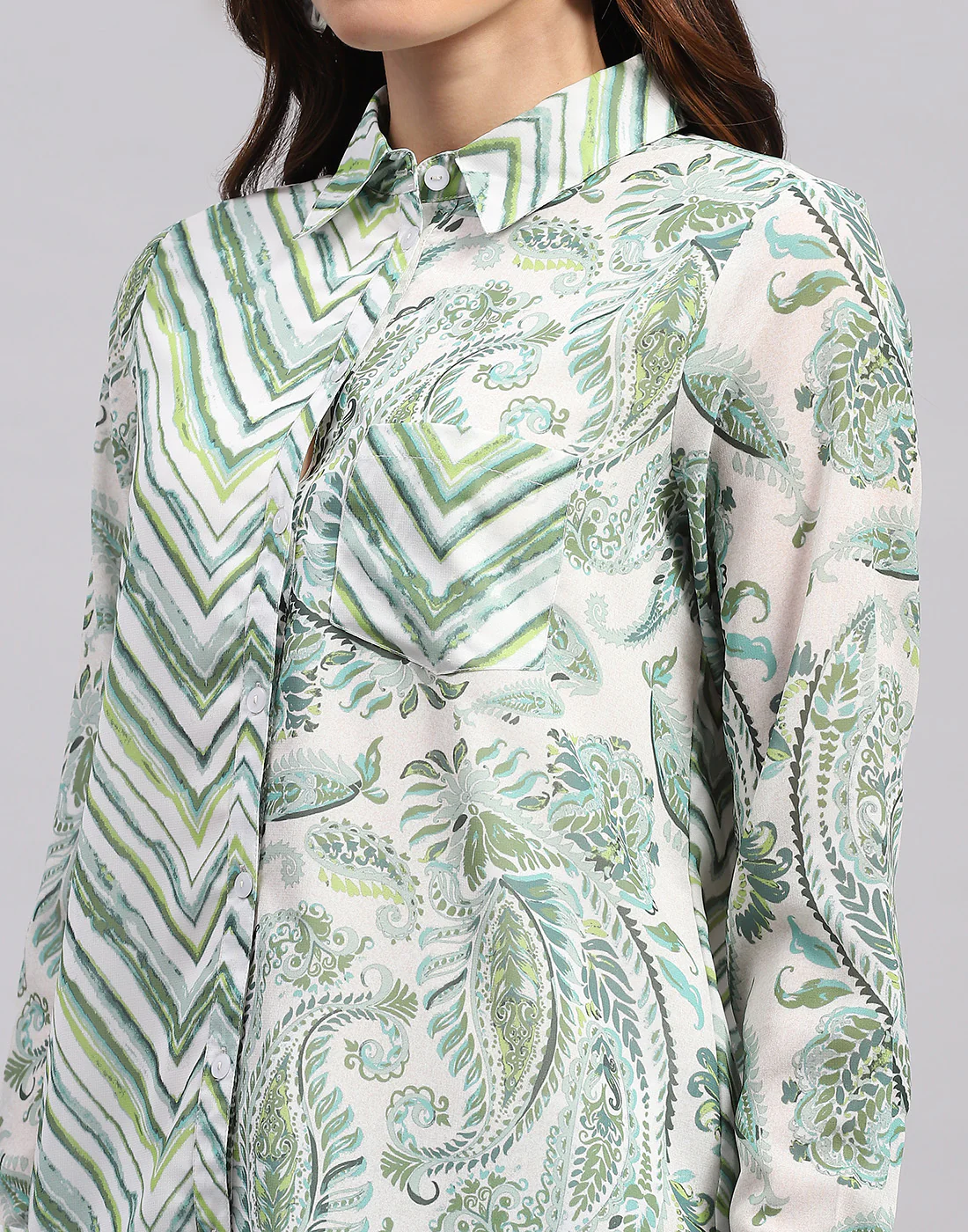 Women Green Printed Collar Full Sleeve Top - Image 7