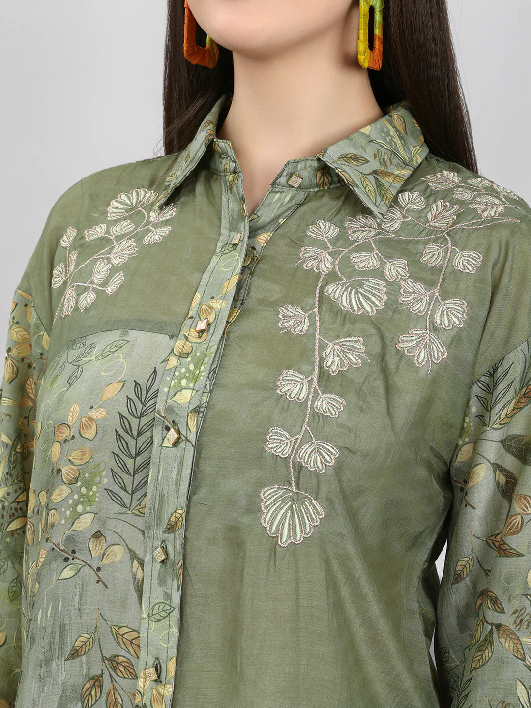 Women Green Printed Collar Half Sleeve Cords Set - Image 5