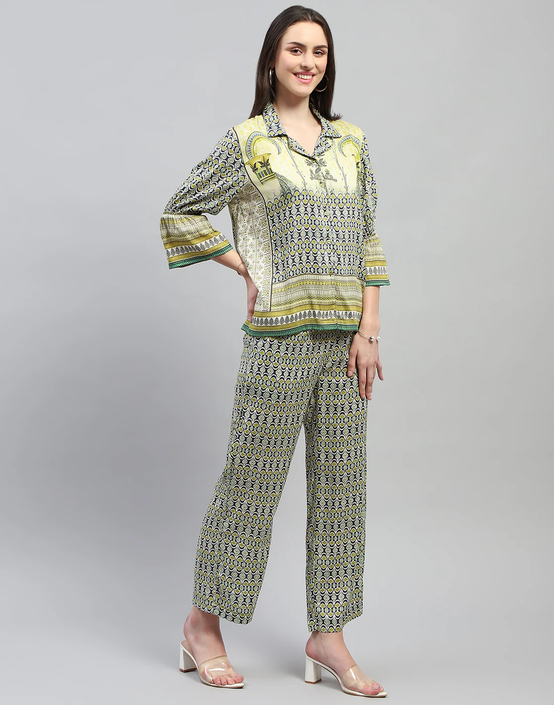 Women Green Printed Collar Neck 3/4 Sleeve Lower Set - Image 4